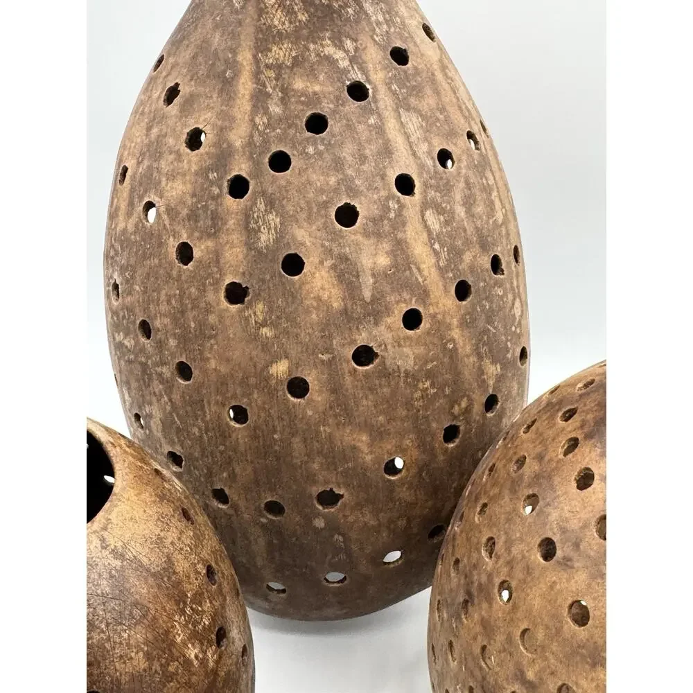 3 Piece Coconut Shell Candle Holders Set Hollow Pierced Handmade Natural Rustic